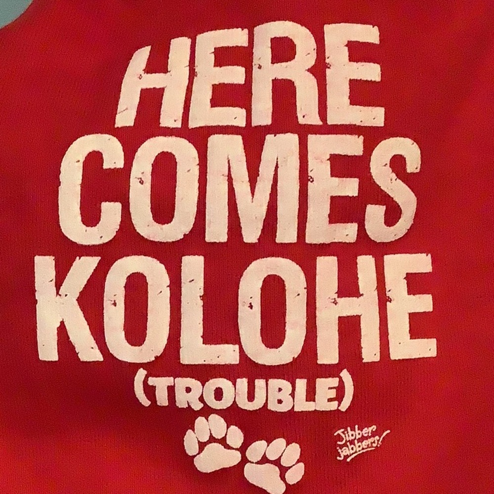 Red Dog Tee “Here comes Kolohe! (Trouble) 🐾” M (11 -23lbs.) NWT, 100% cotton